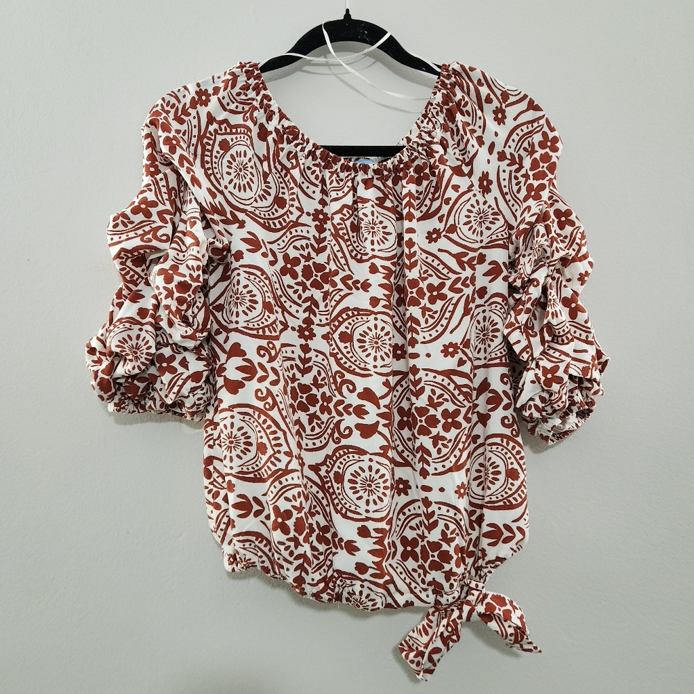 CeCe Rust and White Boho Blouse